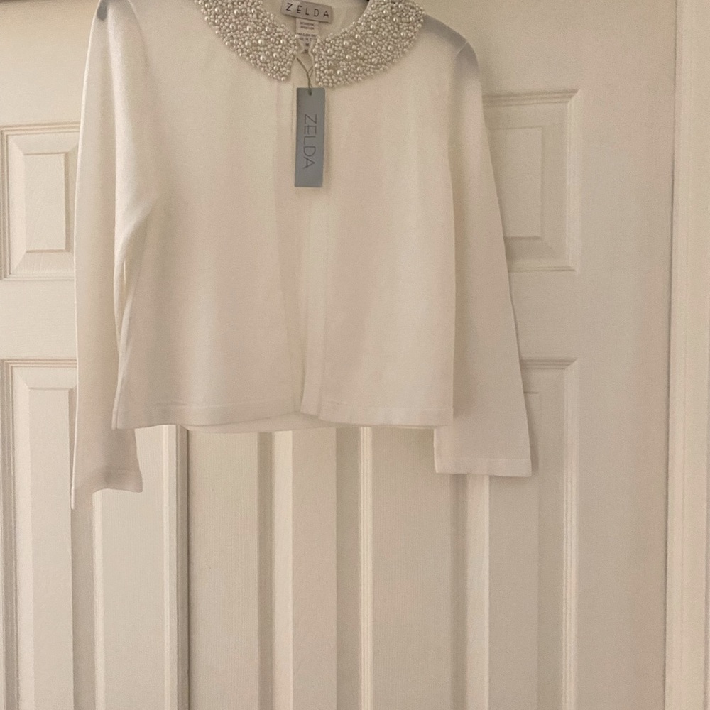 NWT - ZELDA - White bolero top with white pearl neckline